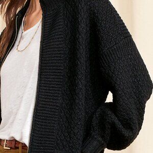 Garnet Hill 50% Linen 50% Wool Black Zip-Up Cardigan | Women’s Medium